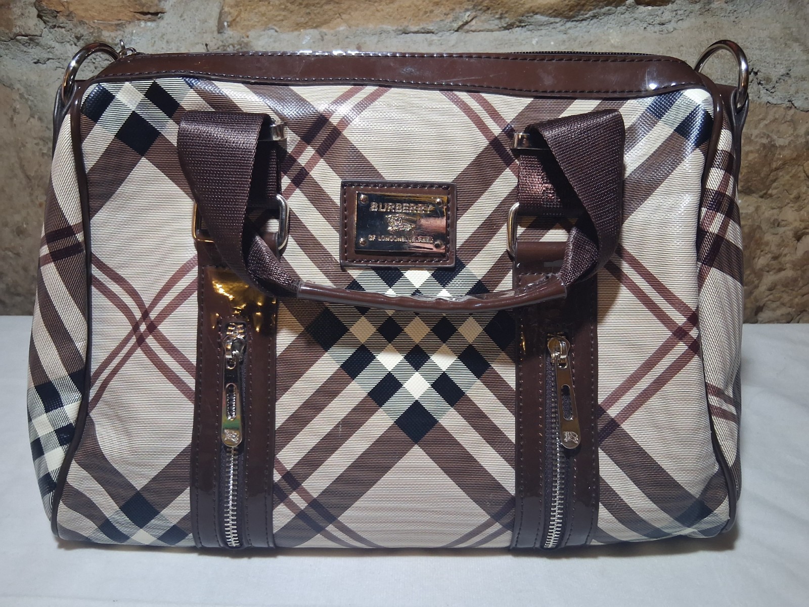 Vintage Burberry Blue Label Nova Check Satchel Bag Purse w/ Zipper Details
