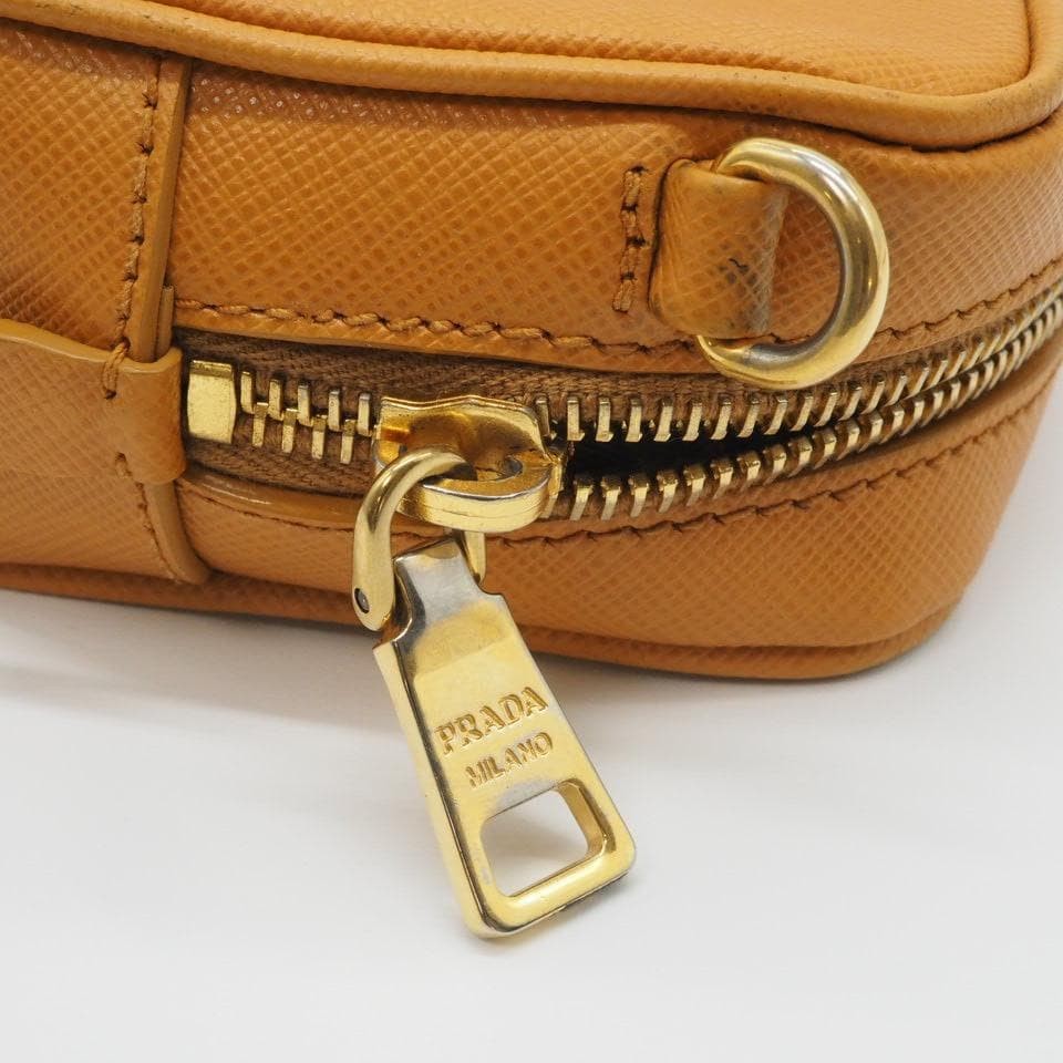 PRADA Saffiano Leather Camera Bag Camel Crossbody Gold Logo USED JP #SH