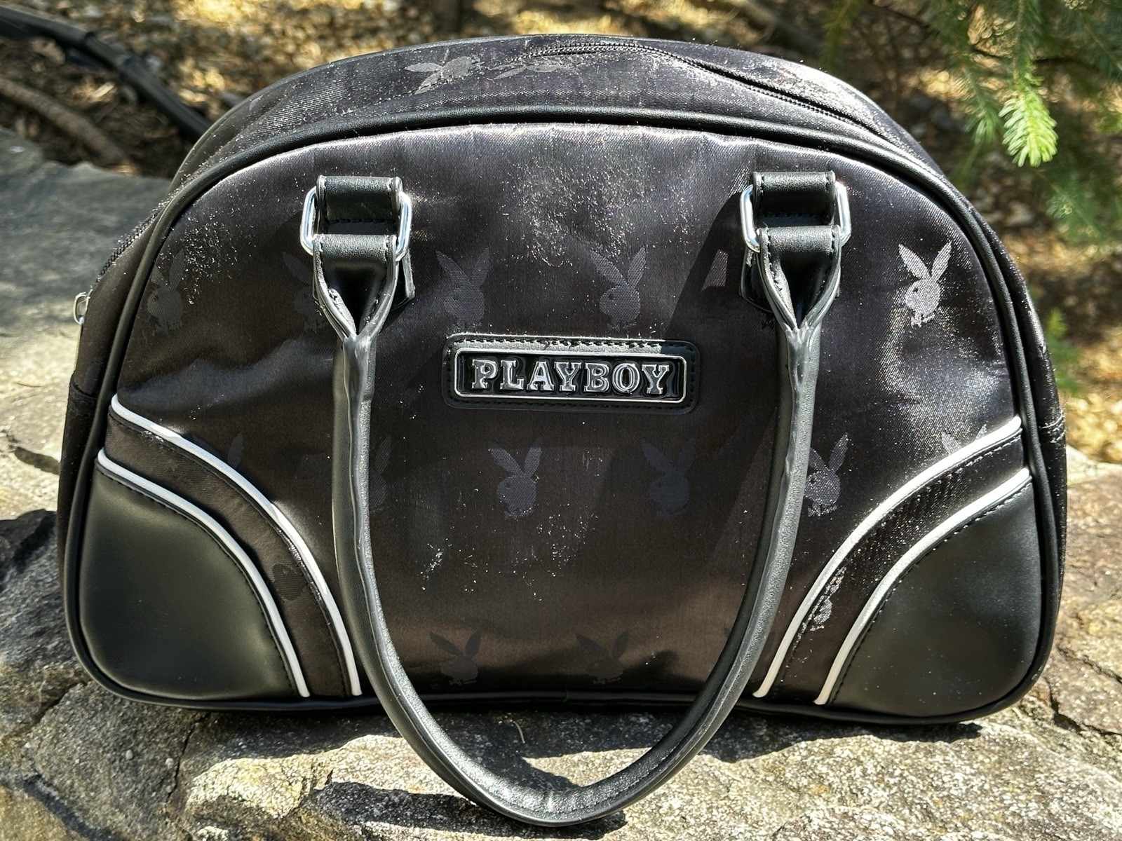 EUC PLAYBOY Black w White Y2K Bowler Bag Ghost Flash Bunny Rabbit Monogram