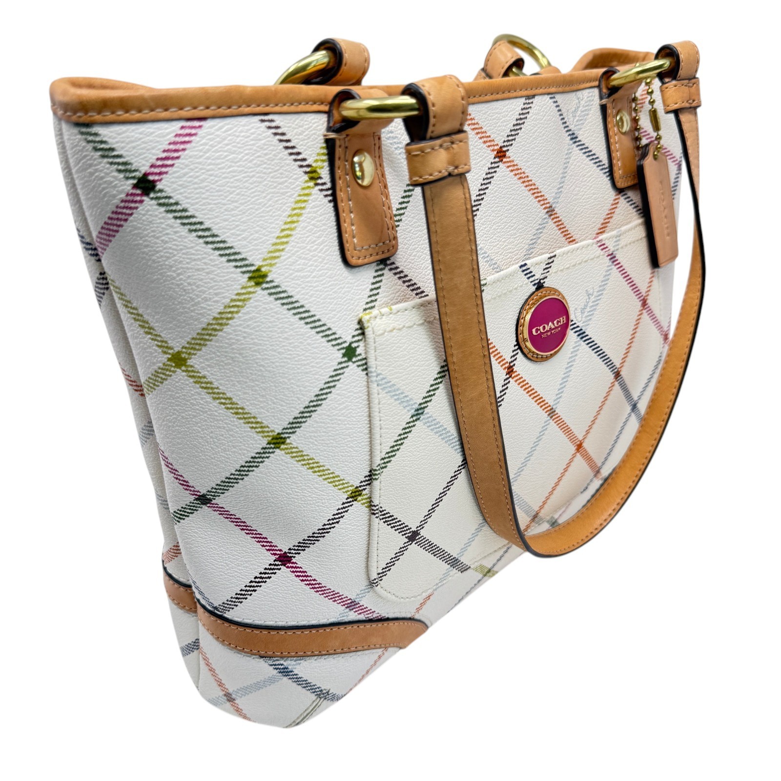 Coach Peyton Multi-Color Tattersall Plaid Coated Canvas with leather trim 14×10