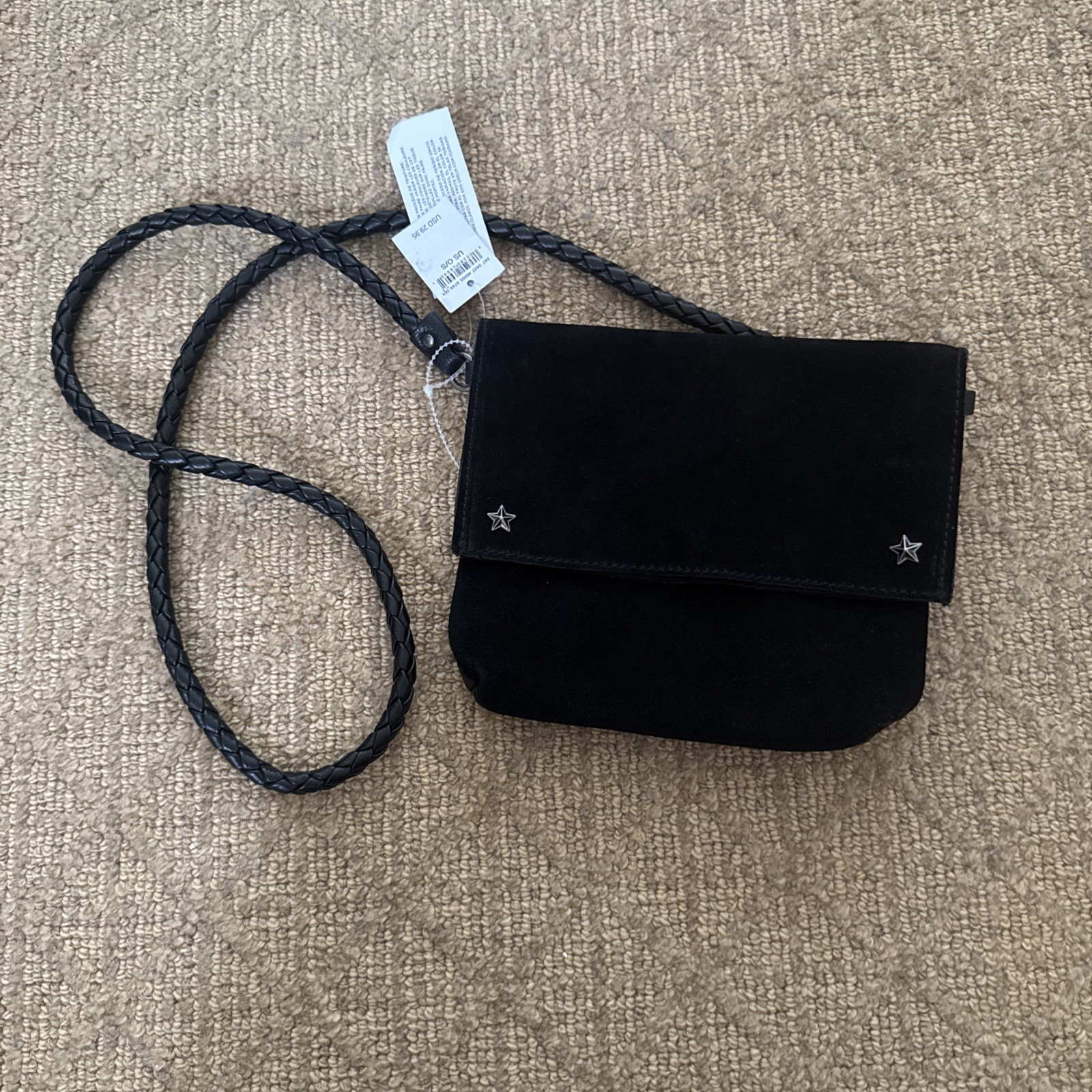 American Eagle Crossbody Black Suede Studded Star with Braided Strap Purse