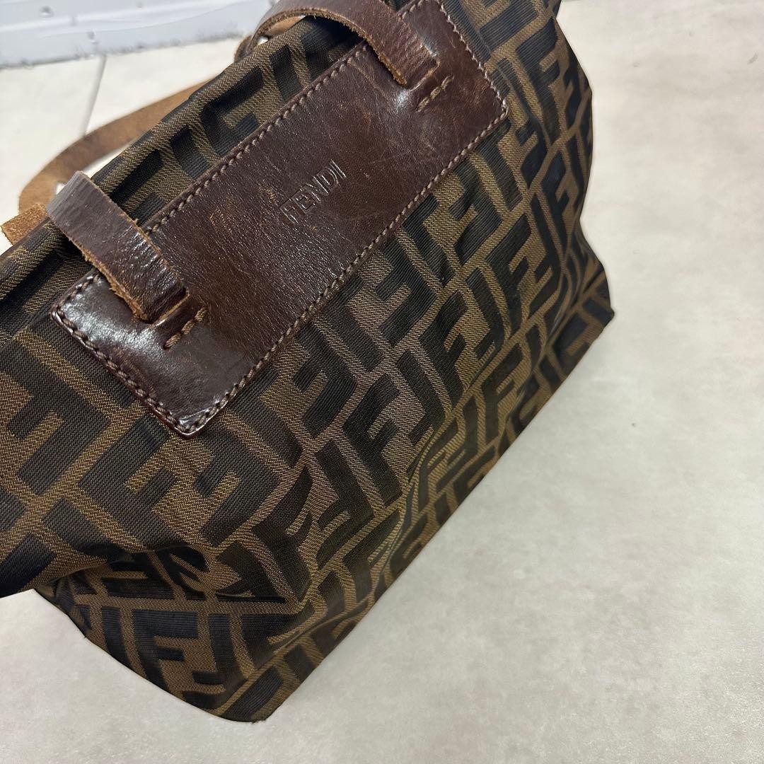 FENDI Zucca FF Tote Hand Bag Ziplock Leather Canvas Brown Beige Silver Hardware