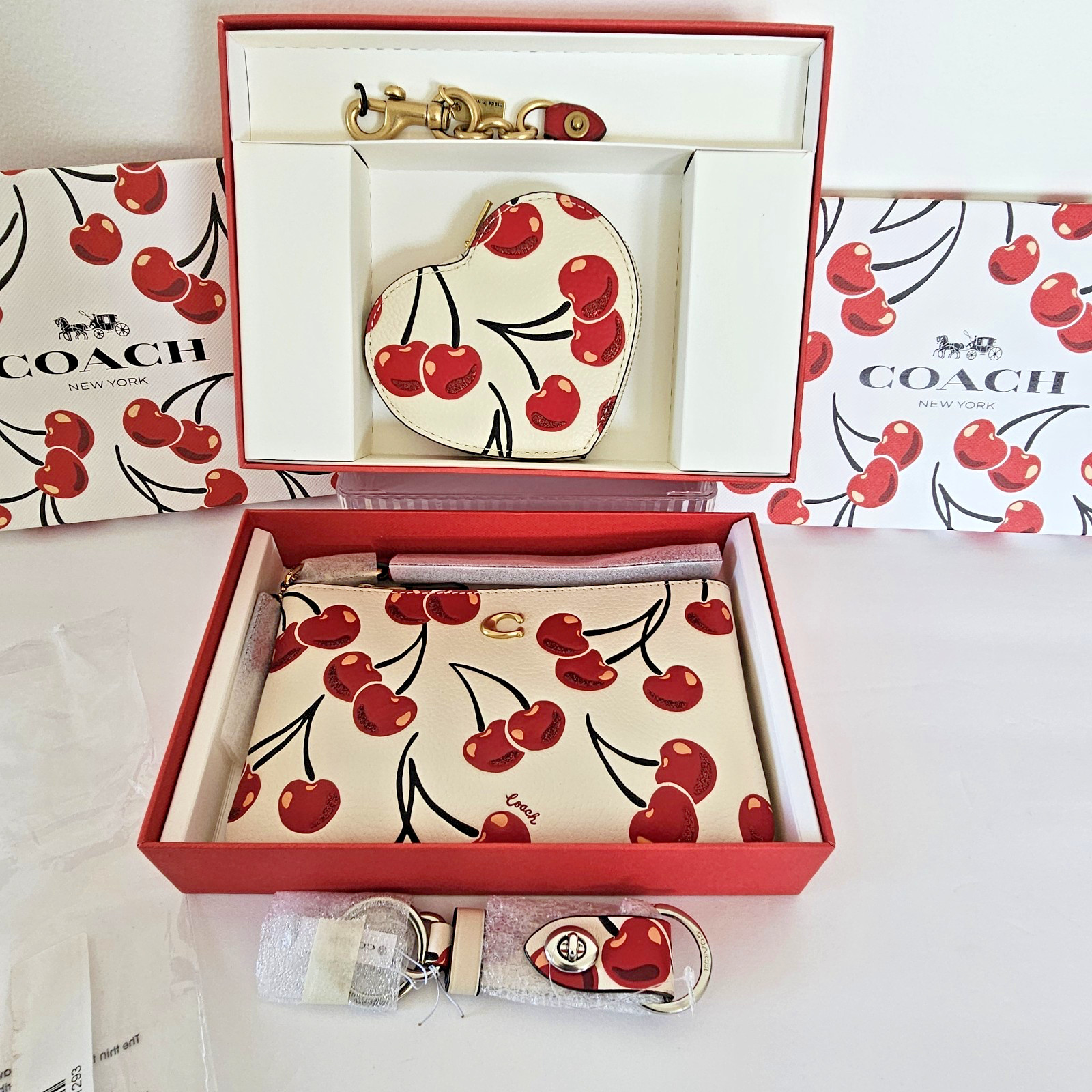 COACH ~Boxed Cherry Print Leather Heart Coin Purse, Wristlet & Key Chain CCH34B