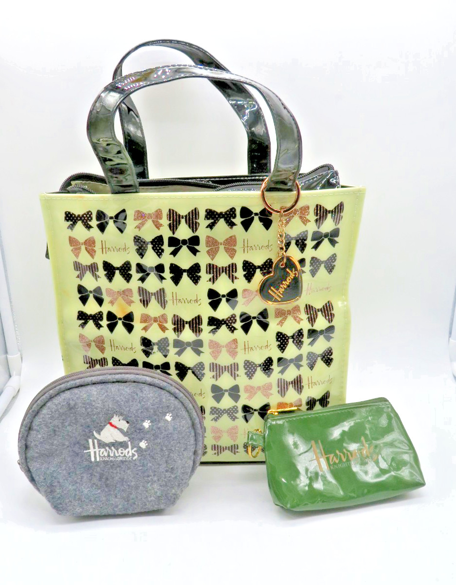 Harrods Tote Bag with coin purses Green plastic Gray embroidered White Westie