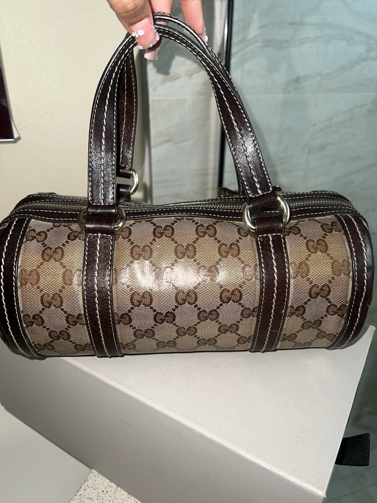 Gucci GG Monogram Small Barrel Satchel Top Handle Zip Brown/Beige Bag Charm