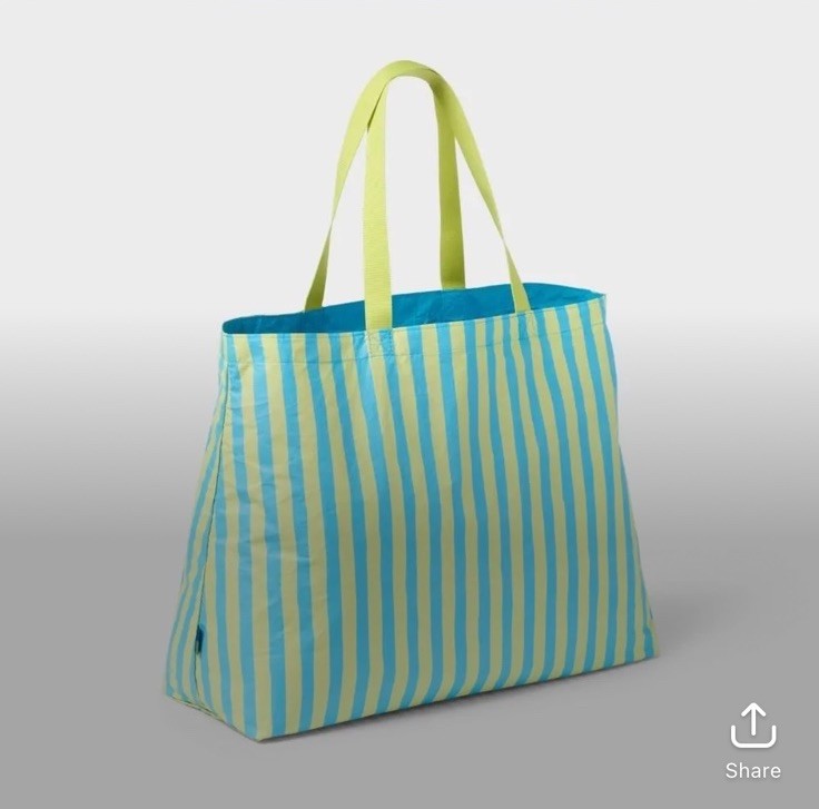Open Story Water Resistant Reversible Tote Bag In Blue/Lime Stripe Beach Pool