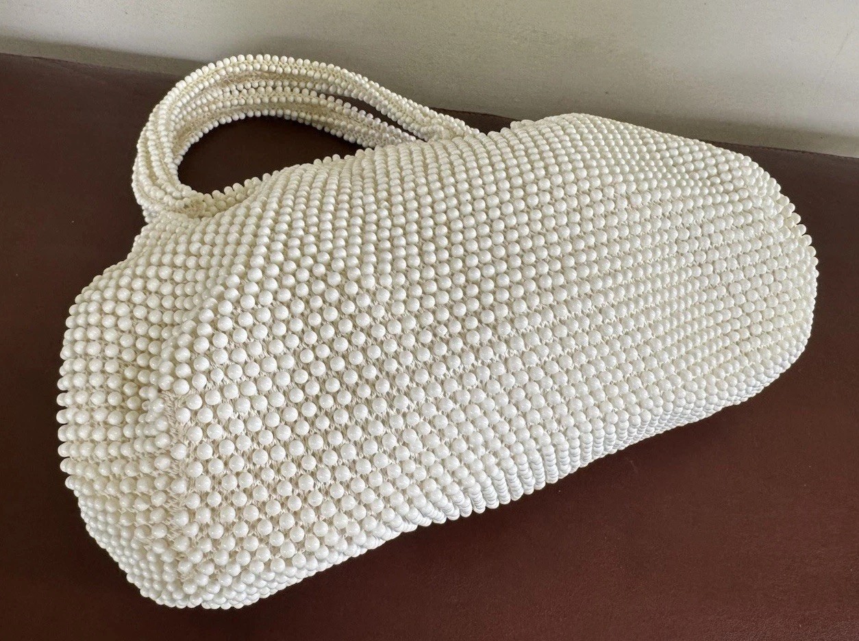 Vintage Candy Dot Purse Beaded White Plastic Double Sided Bag Corde Bead Lumered