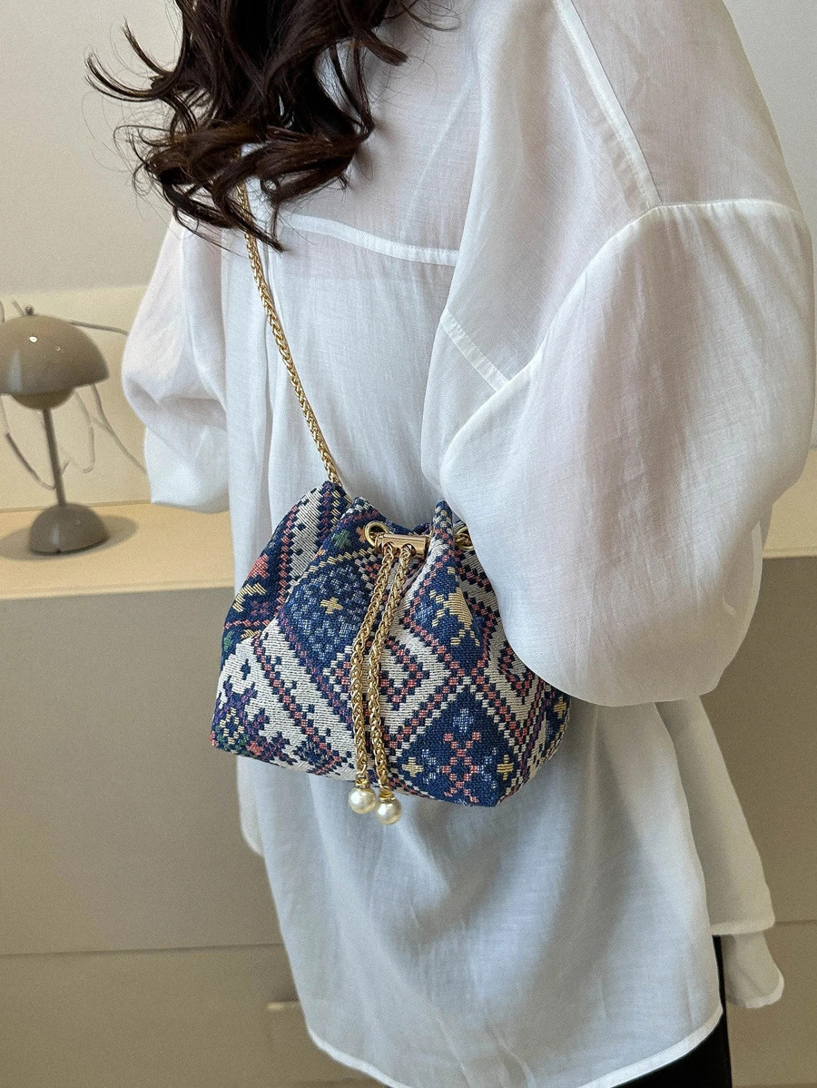 Mini Drawstring Bucket Bag Women Chain Strap Crossbody Shoulder Handbag