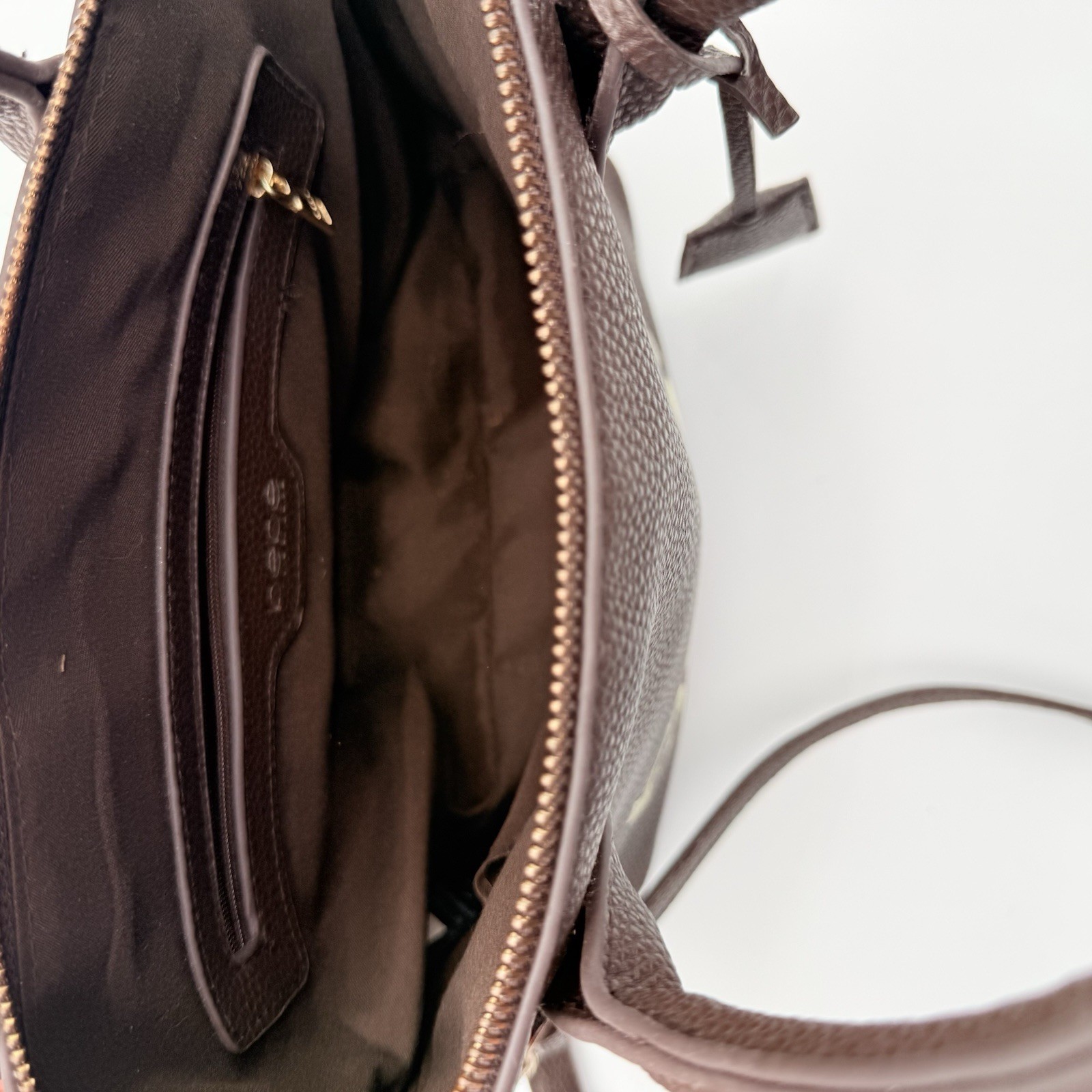 Bebe Fabiola Dome Satchel Crossbody Purse Dark Brown Gold Logo Clean