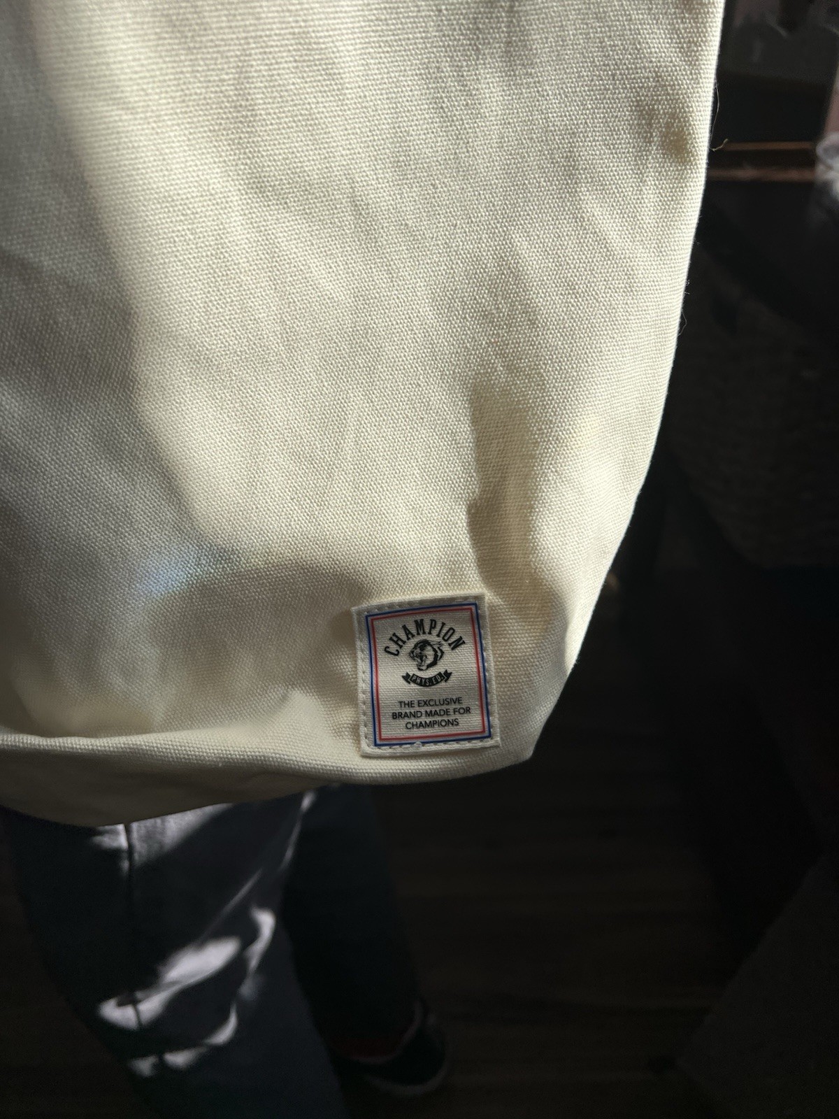 NWT Champion Cream Tote With Blue Handles. Snap Closure