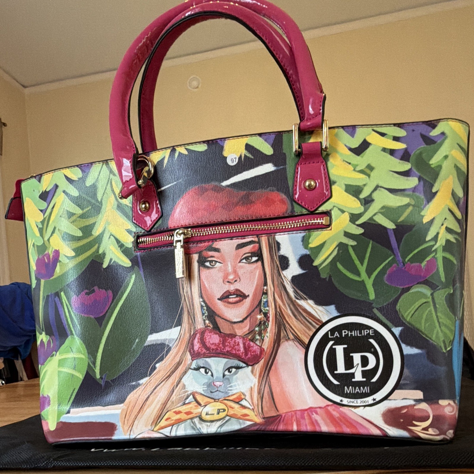 La Philipe Miami Floral Art Satchel Multicolor Patent Pink Handles Zip Strap