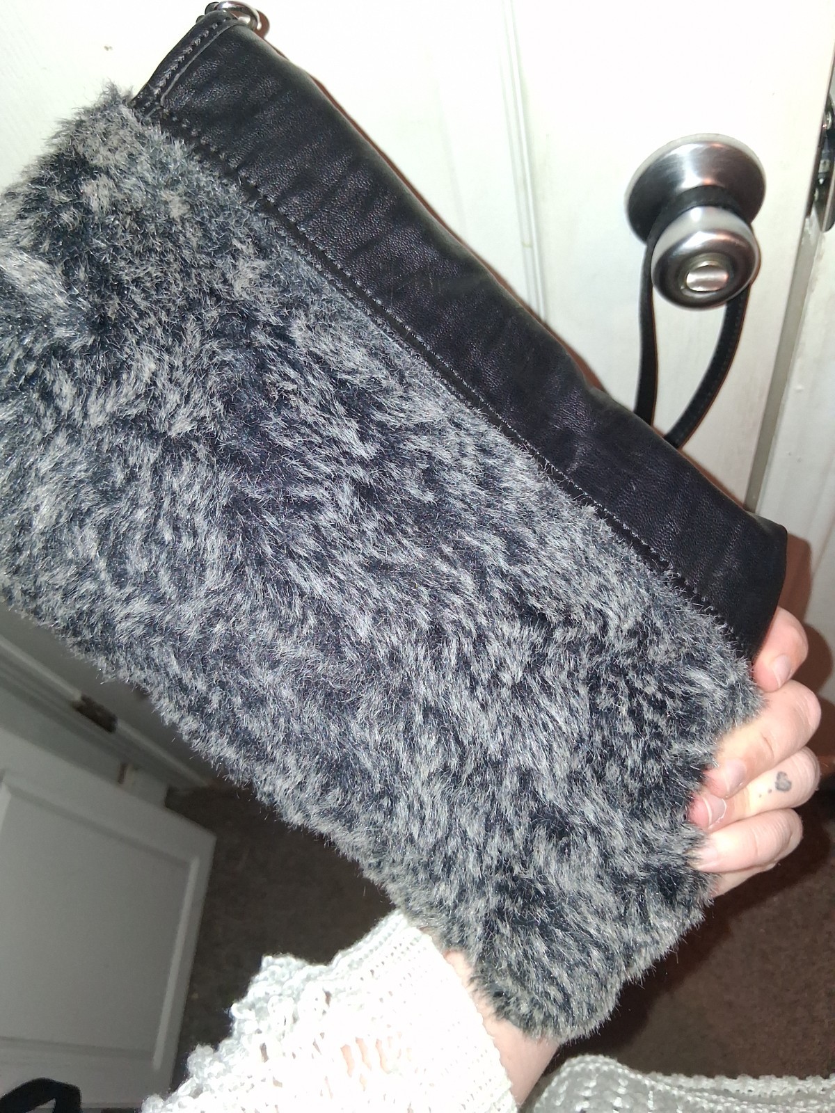 Black/Gray Small Shoulder Bag Fur Trim Turn Lock & Zip Lined Pockets Silver