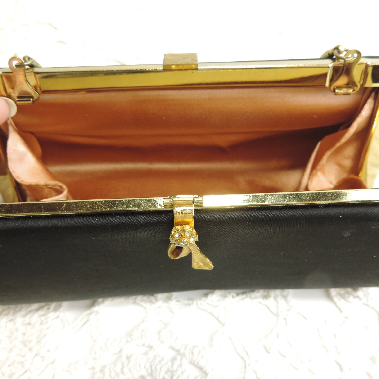 Vintage Black Gold Rhinestone Triangle Petite Small Evening Clutch Bag Strap