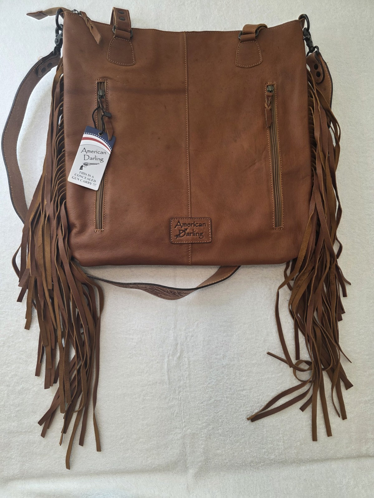 American Darling Concealed Carry COWHIDE/FRINGE TOTE HANDCARVED LEATHER STRAP