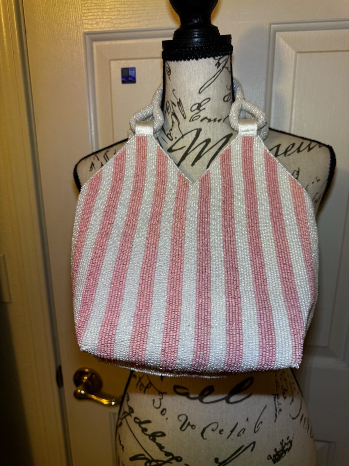 Pink/White Striped Beaded Tote Bag, lined, snap closure, double handles