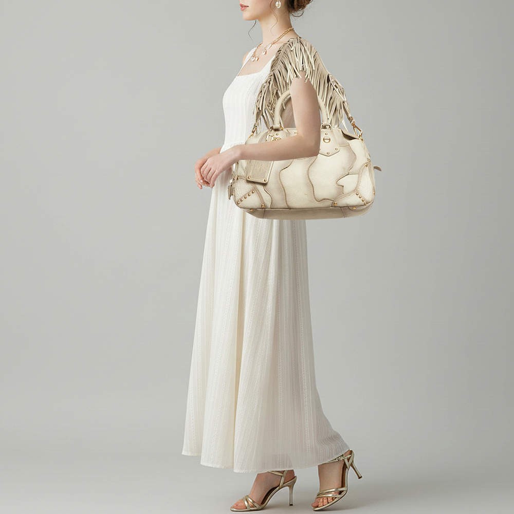 Prada White Ombre Deerskin Leather Croc and Lizard Patchwork Bowler Bag