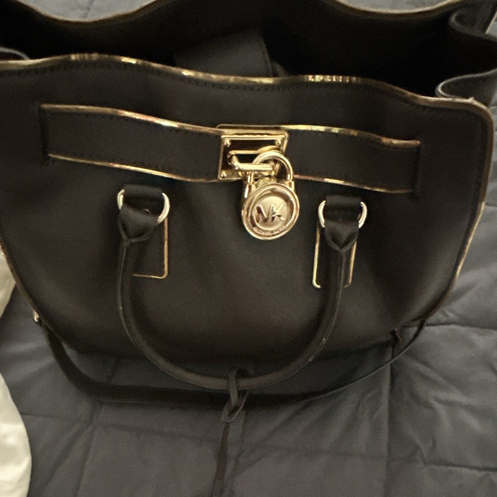 Michael Kors Hamilton Black Satchel Top Handle Gold Hardware Lock Dust Bag