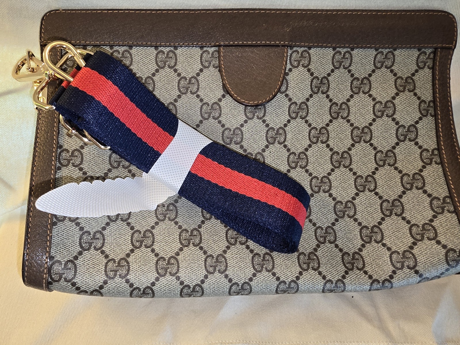 Vintage Gucci GG Supreme Zip Clutch Pouch w/ Detachable Web Strap, Gold HW