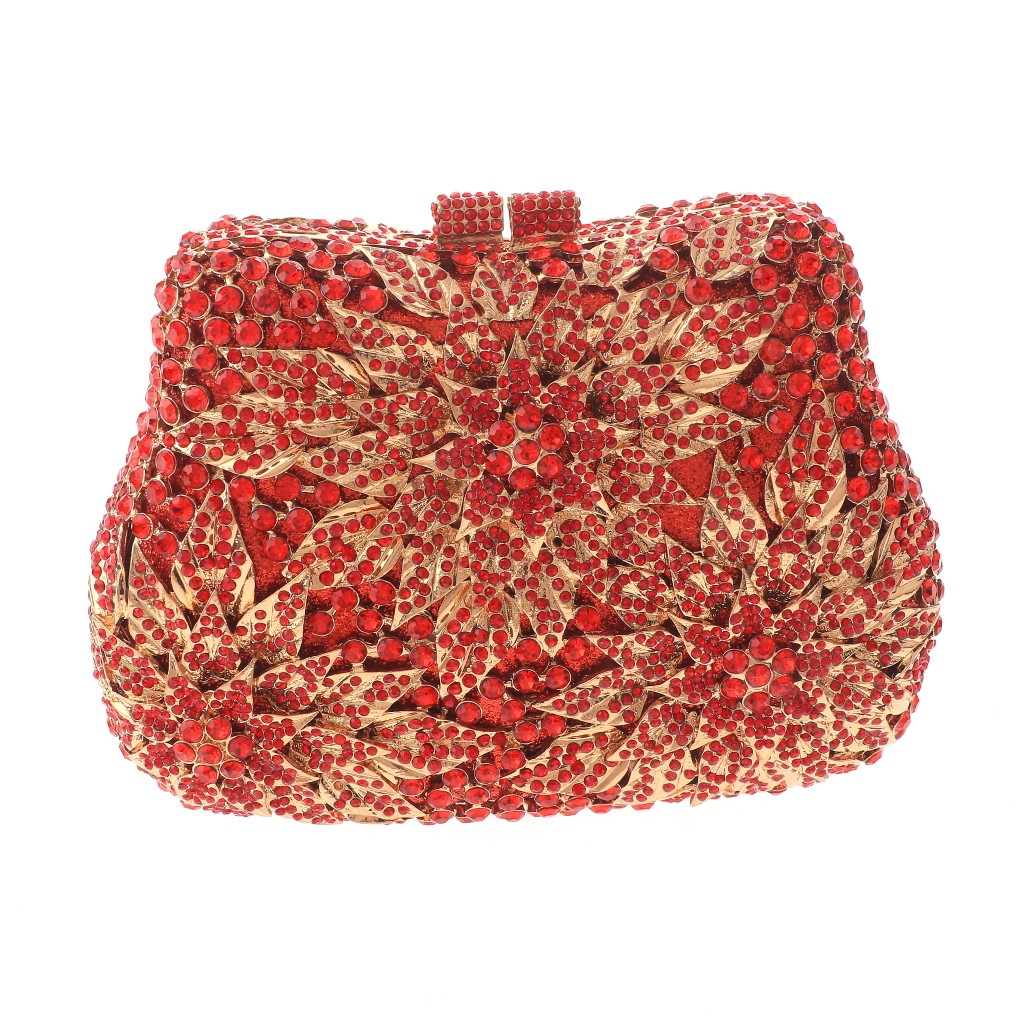 Gold Tone Alloy Metal Fashion Crystal Rhinestone Clutch Bag HB6039-RED