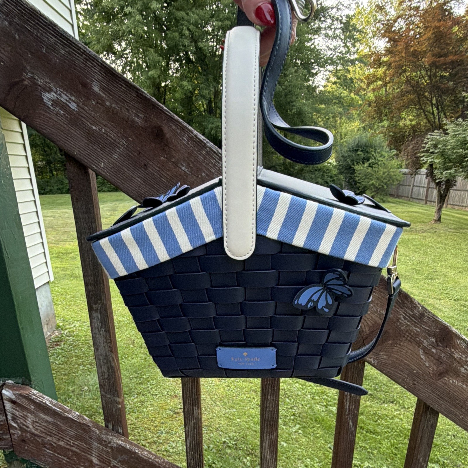 kate spade new york Navy Wicker Basket Top Handle Crossbody Striped Flap