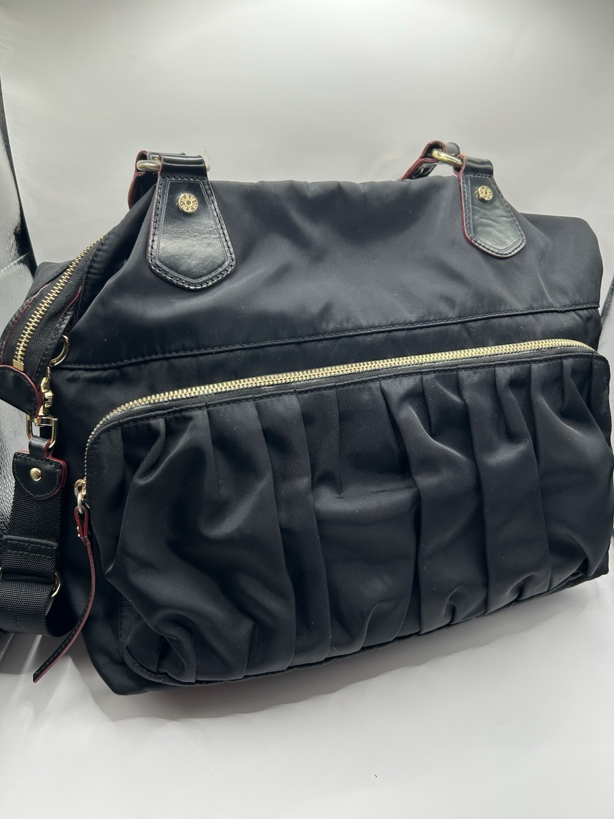 MZ Wallace Black Satchel Top Handle Zip Bag Red Lining Gold HW Strap Pouch