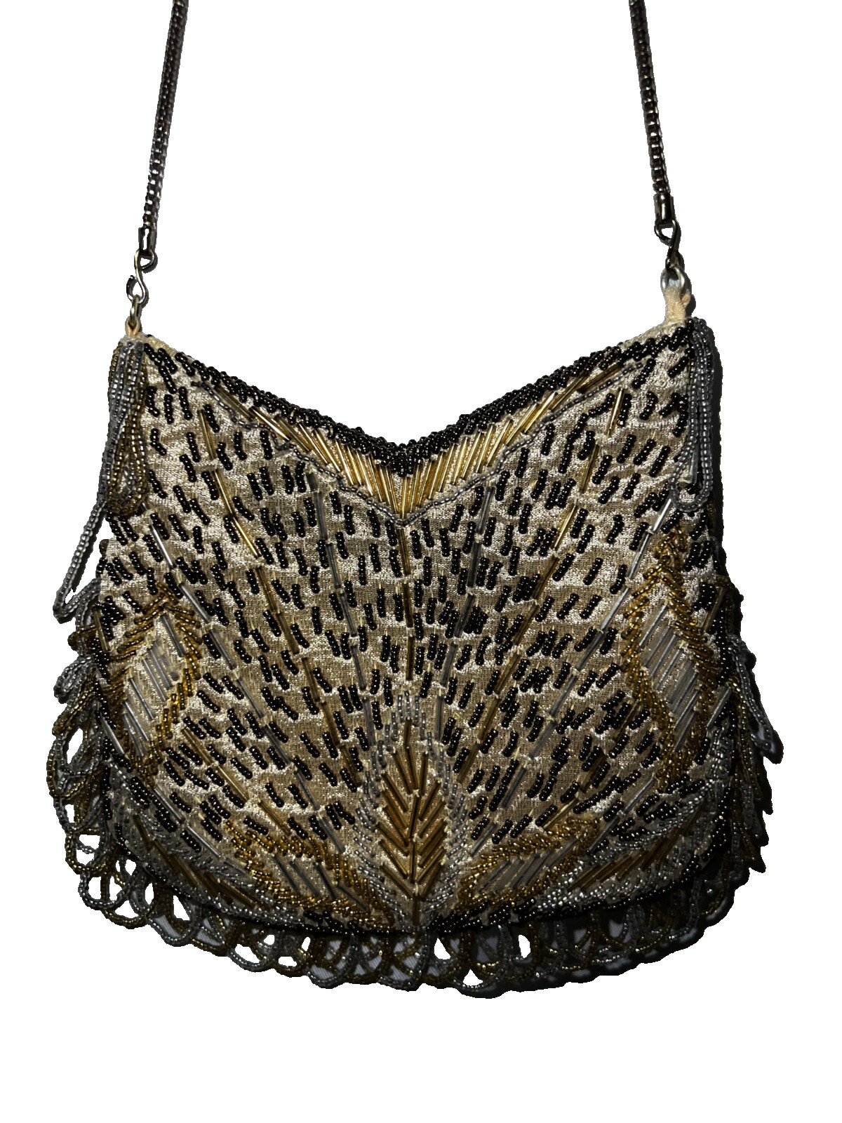 LA REGALE Gold Hand Beaded Evening Bag Purse Chain Handle Shoulder Strap Snap