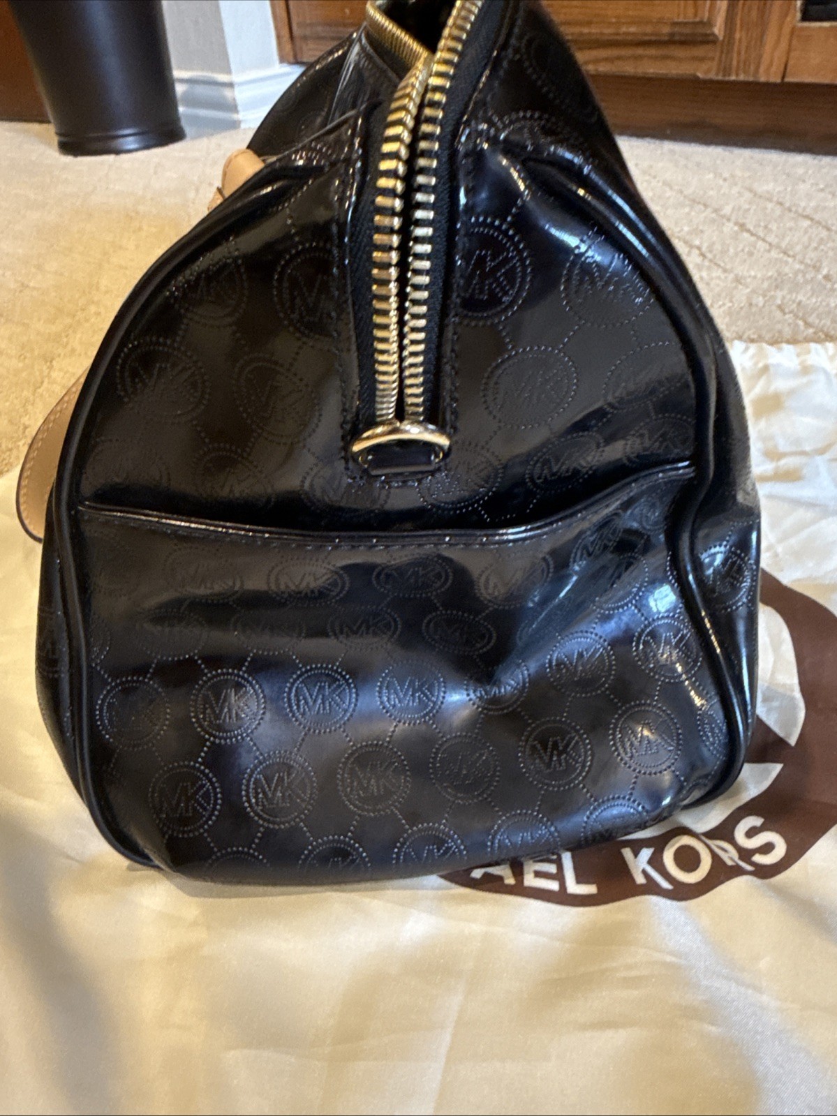 Michael Kors Grayson Black Patent Leather Satchel MK Logo Monogram Handbag Purse