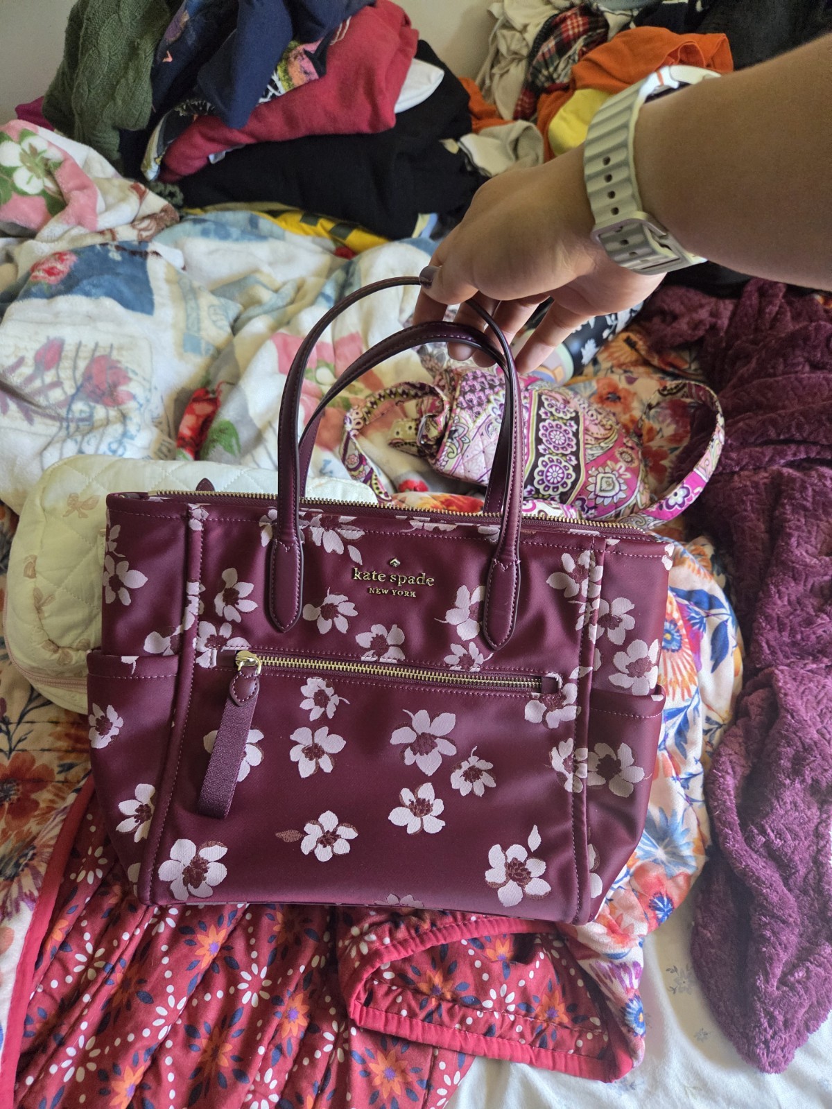 Kate Spade New York Chelsea Medium Satchel Burgundy Floral Zip Detachable Strap