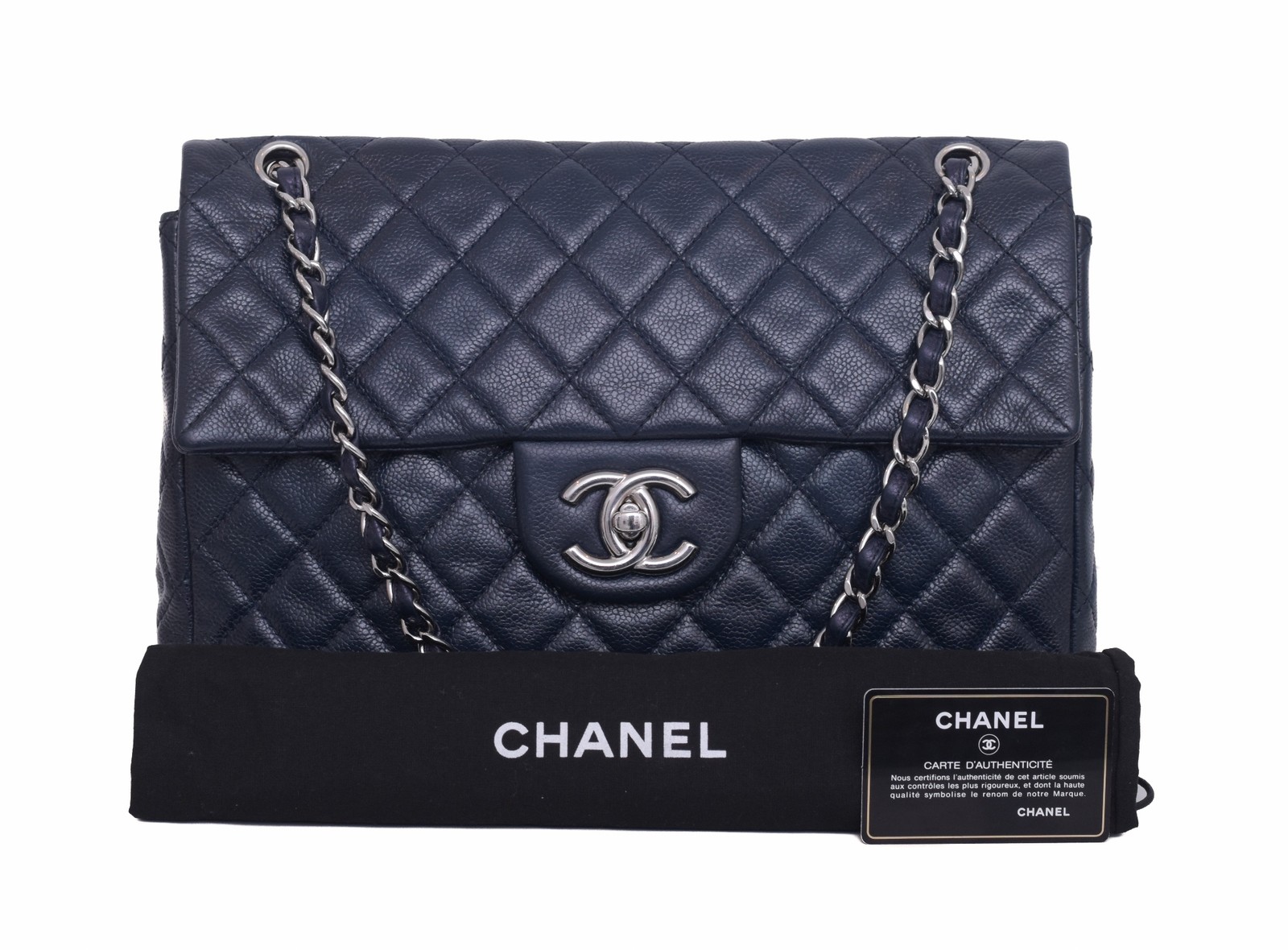 CHANEL Navy Caviar Leather Classic Jumbo Flap Silver CC Chain Shoulder Bag Purse