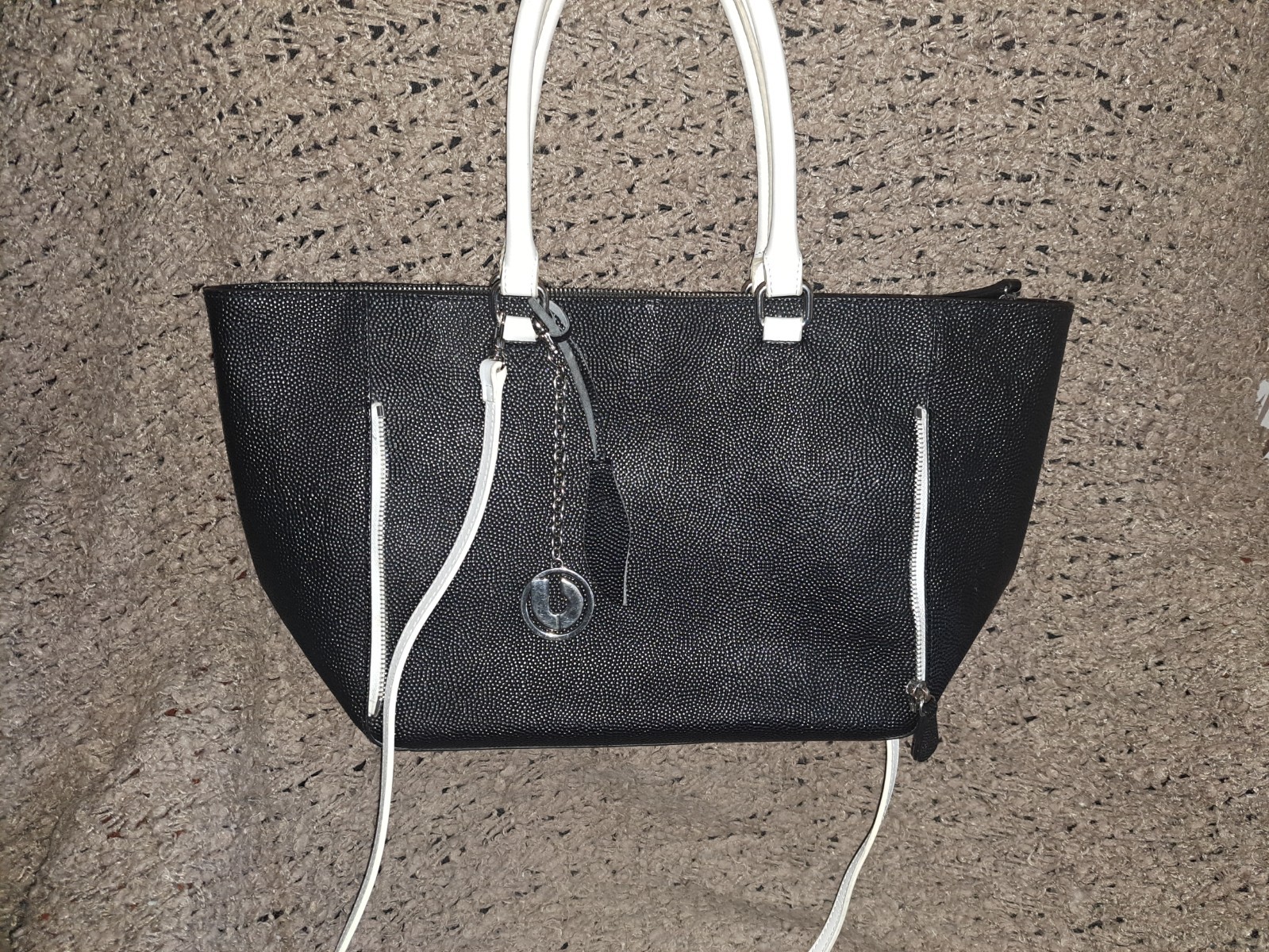 CHARLES JOURDAN-Black/White Leather Satchel/Shoulder Strap-Large Bag-Excellent