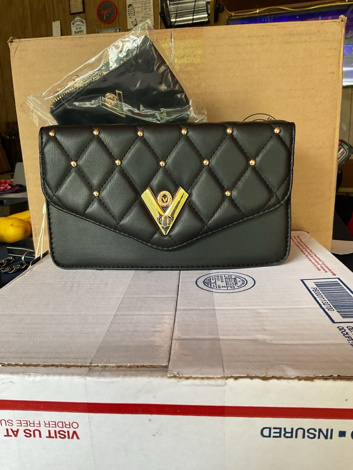 Valentino Orlandi Black Quilted Crossbody Bag Turn Lock Pouch Detachable Strap