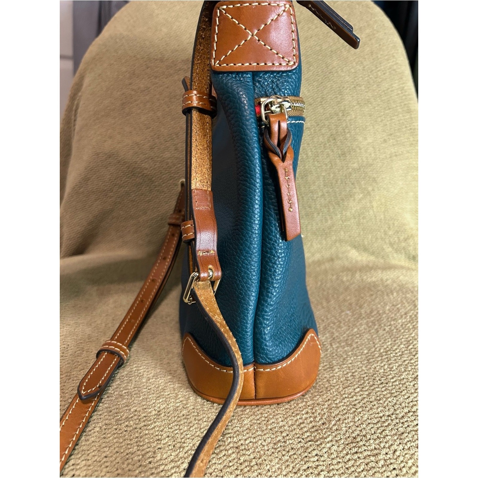 Dooney & Bourke Teal Pebble Leather Crossbody with Tan Trim and Gold Hardware