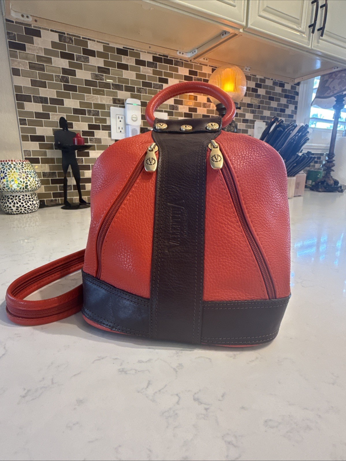 Valentina Italy Orange Pebbled Leather Sling Backpack Tan Trim Gold Hardware
