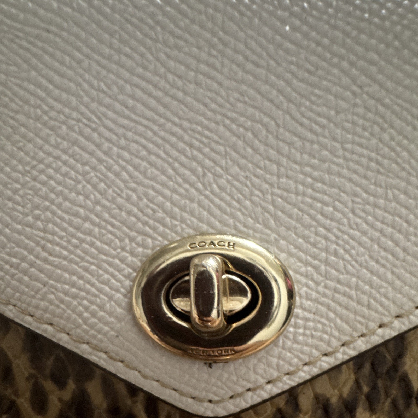 Coach White Brown Snake Pattern Crossbody Bag Chain Strap Turn Lock Accent
