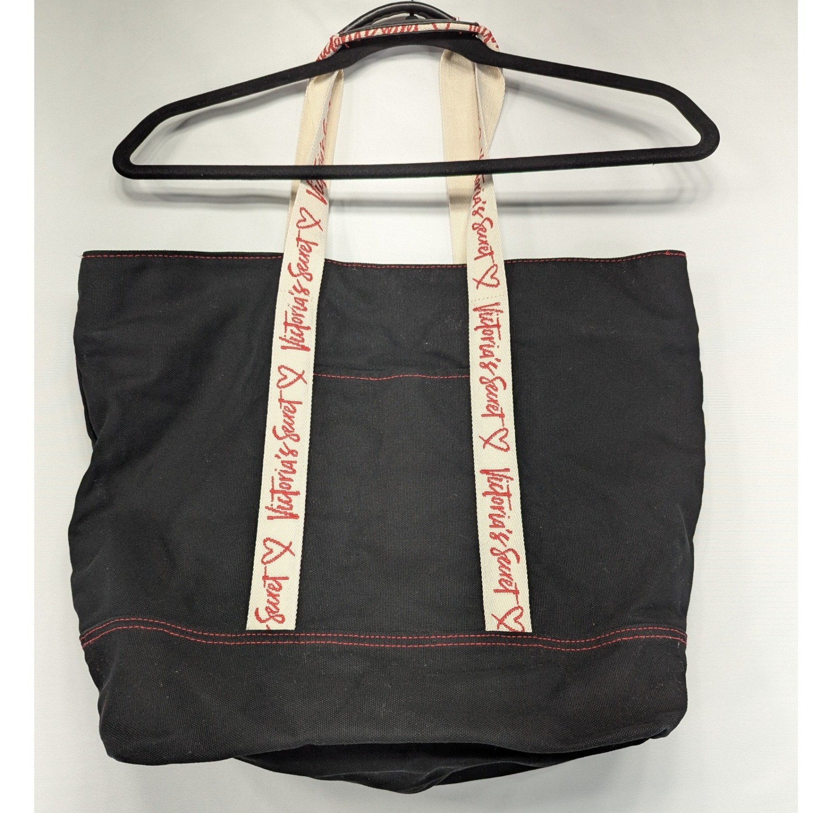 Victoria’s Secret Black Canvas Tote Bag Red Stitching Logo Straps