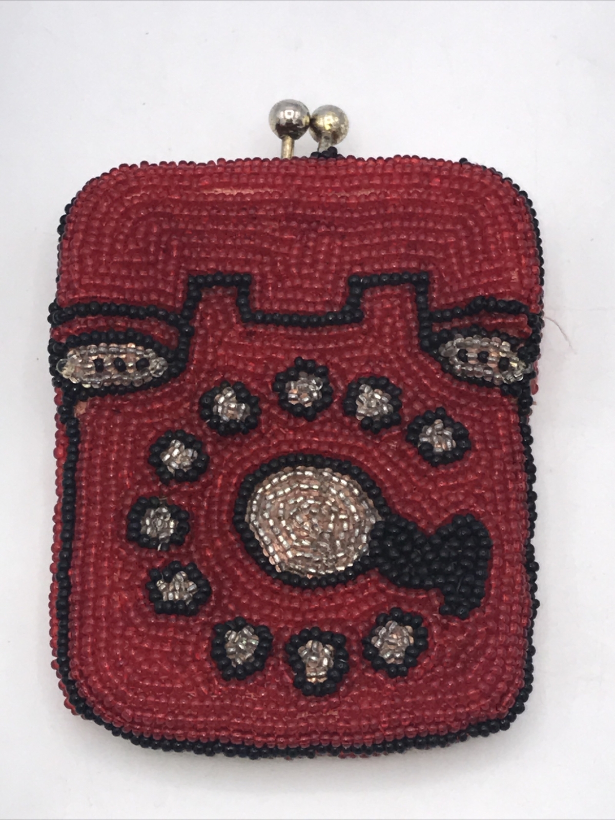 Boho, Beaded Coin Purse Shape Of Telephone Red With Silver And Black