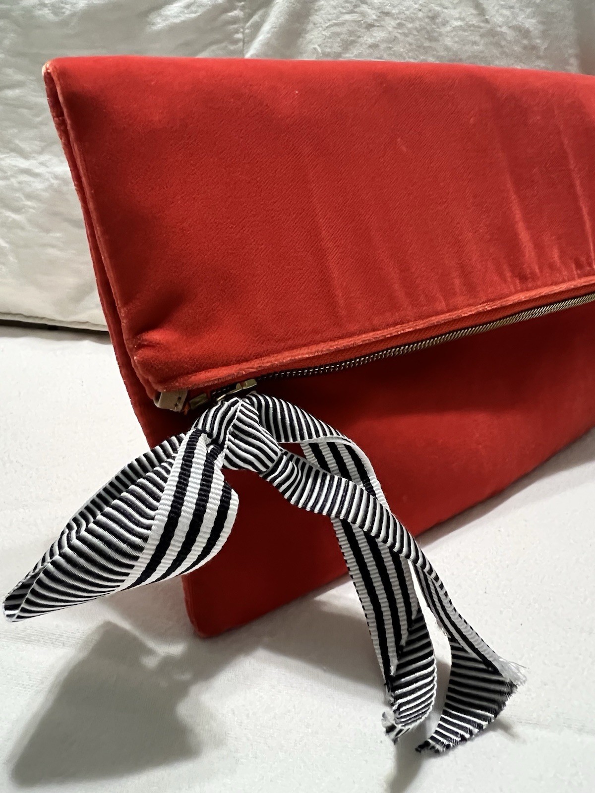 NWT J. Crew Red/Orange Velvet Envelope Clutch With Black And White Ribbon
