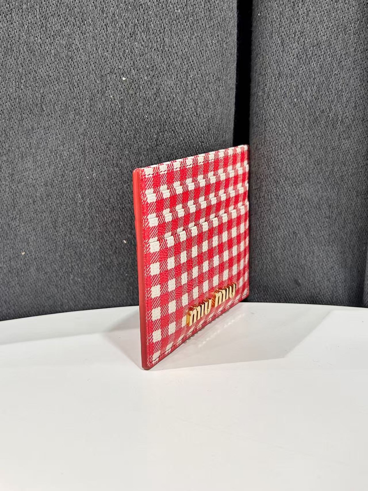 Authentic Miu Miu Red White Checkered Leather Card Holder Italy