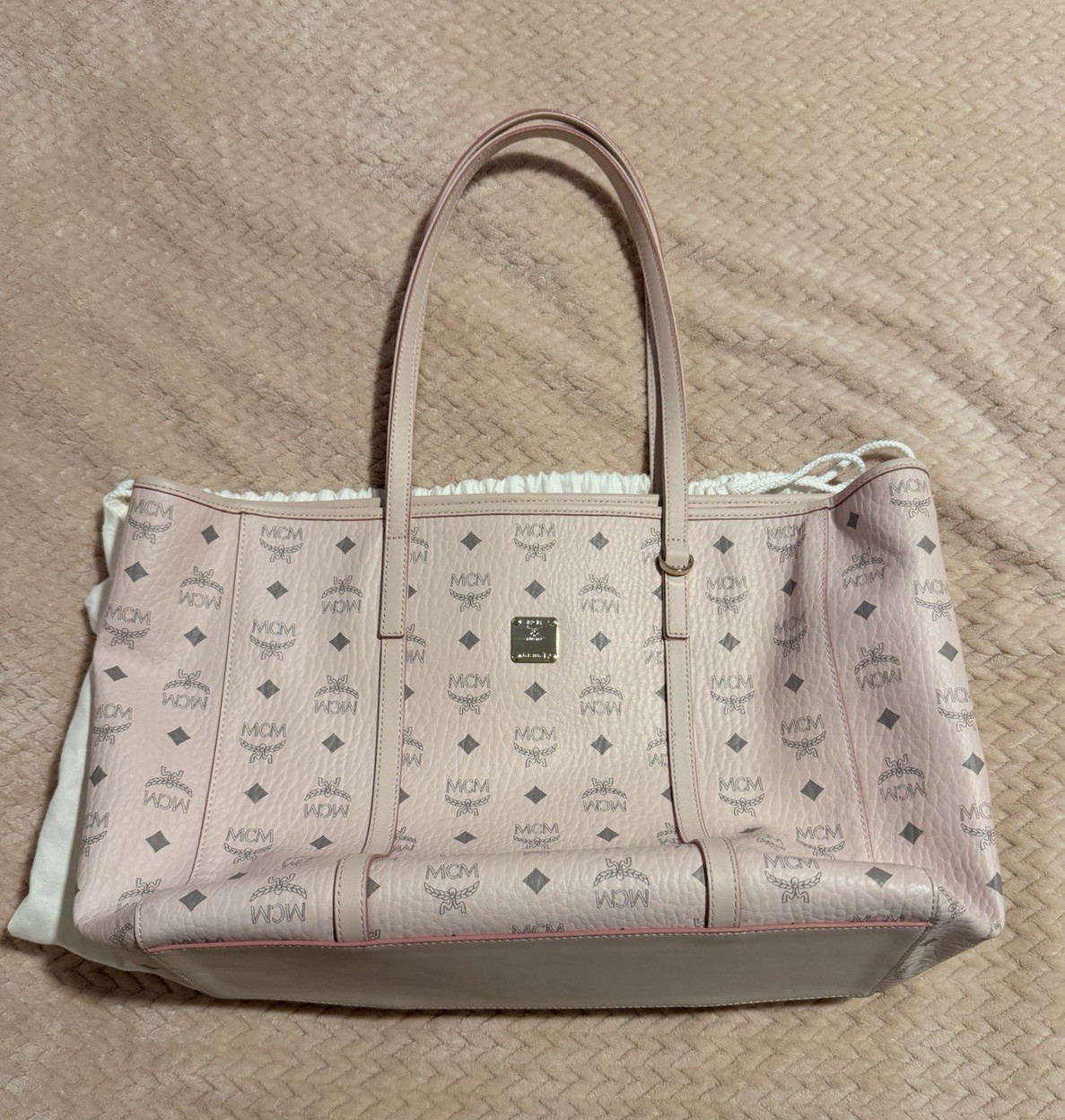 MCM Pink Monogram Tote Bag Double Handles Gold Hardware Inner Pockets Dust Bag