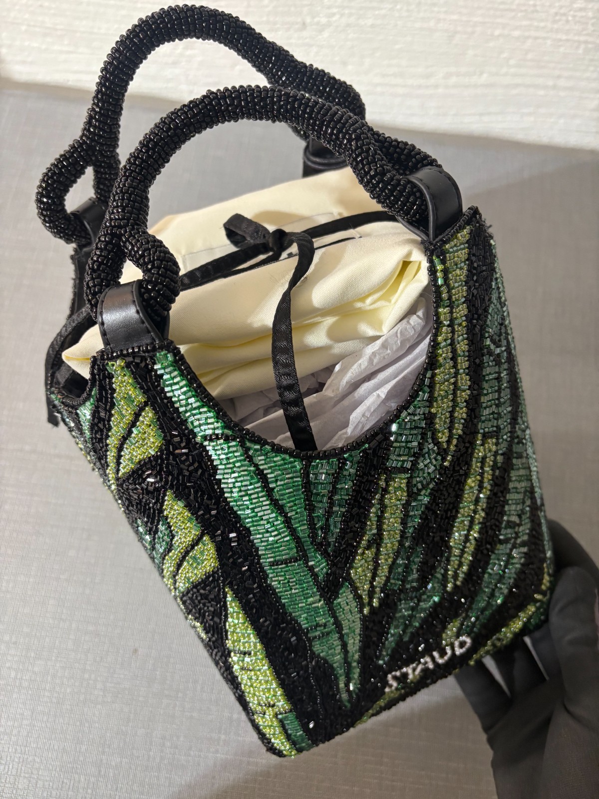 STAUD COTE BEADED BAG GREEN PALM MSRP$395 Chic& Perfect for Day-to-Night