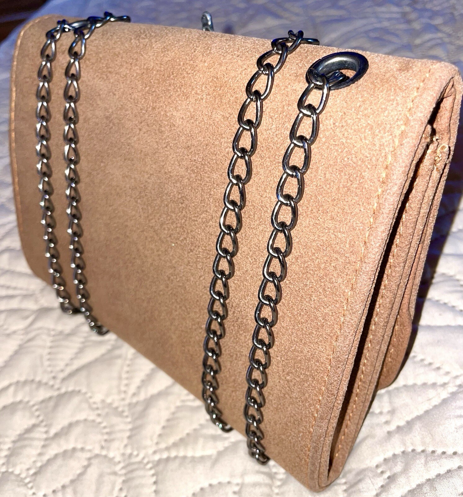 Suede Crossbody Bag Woman’s Clutch With Chain Strap Pewter Feather Hobo Y2K NEW
