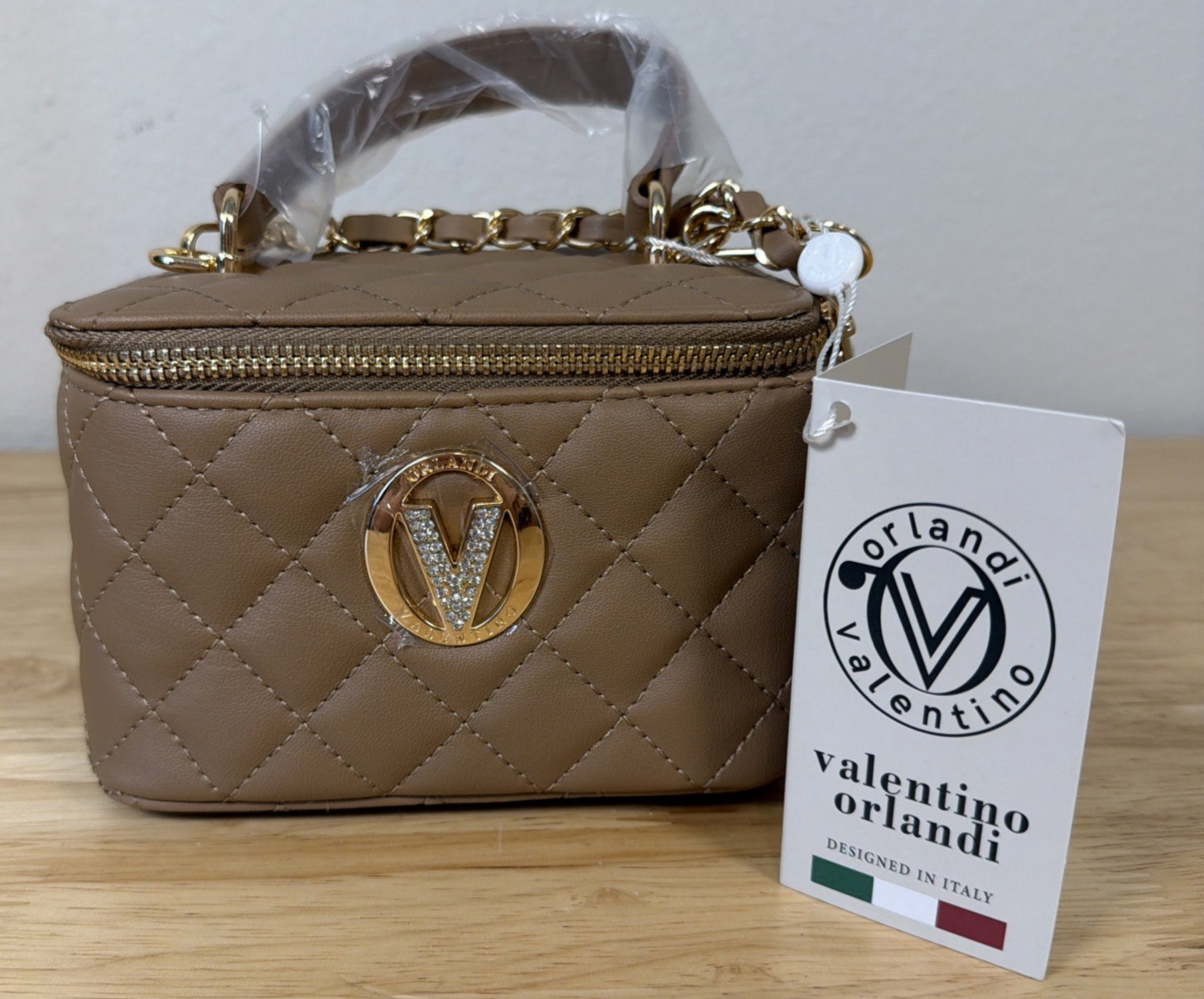 Valentino Orlandi TAUPE Quilted Vanity Box Bag Gold Chain top handle NEW NWT