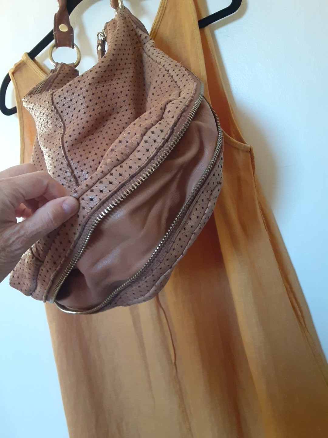 Linea Pelle Collection Hobo Tan Beige Leather Large Shoulder Handbag Perforation