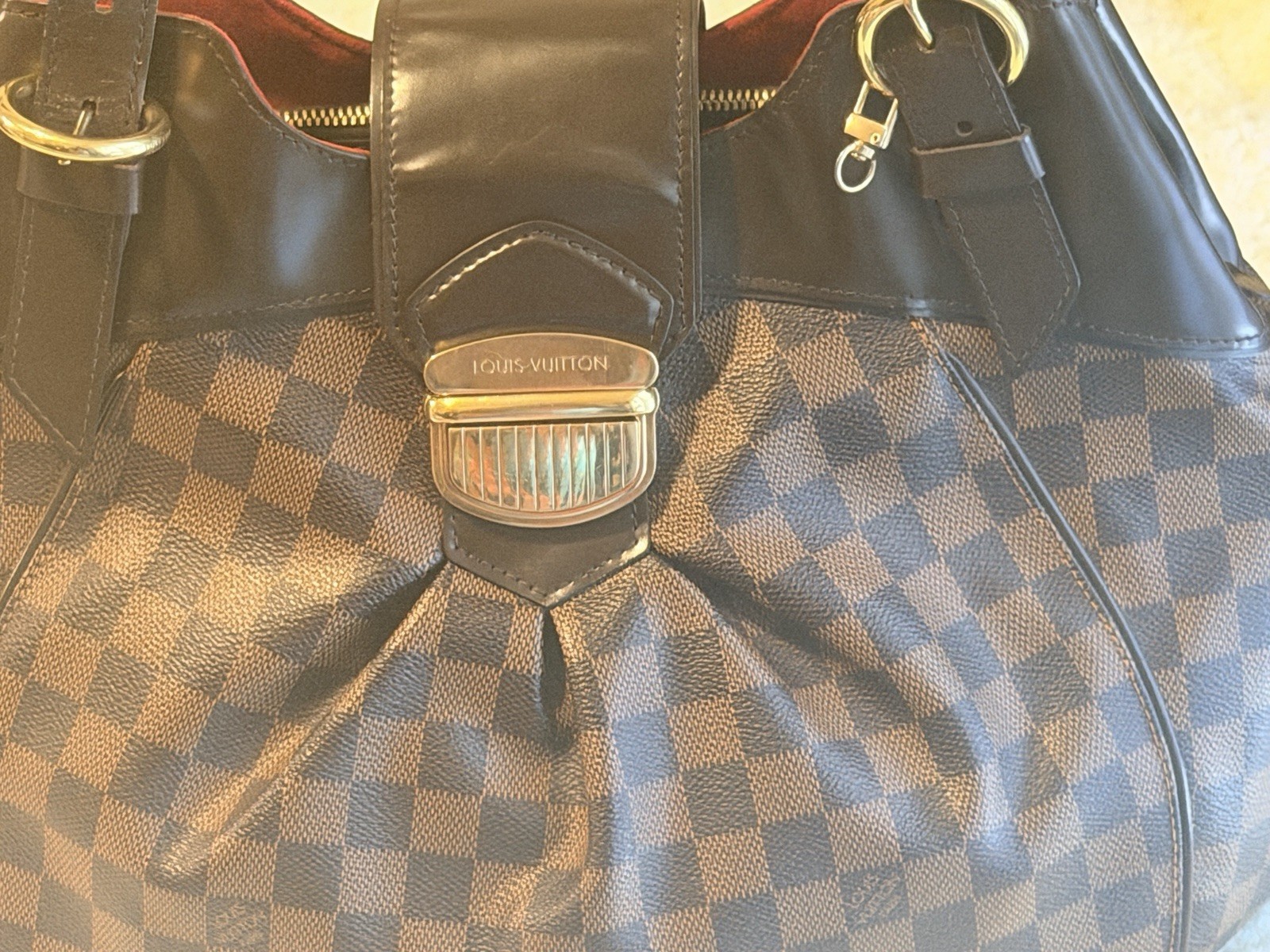 Louis Vuitton Damier Ebene Women’s Shoulder Bag Brown Gold Hardware Buckle Zip