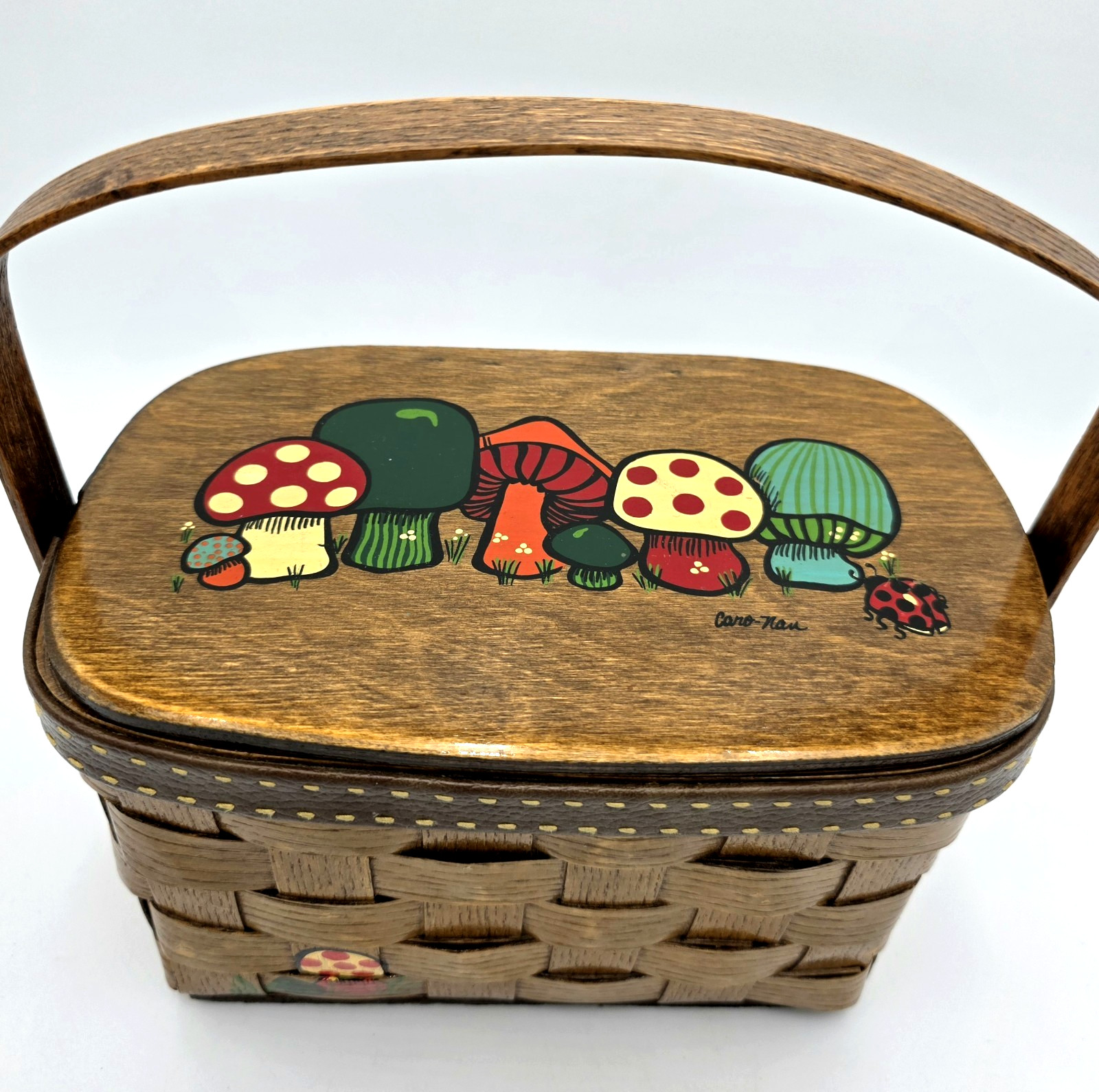 Basket Purse Caro Nan Hand Painted Mushroom Ladybug Wood VTG Stix Baer Signed