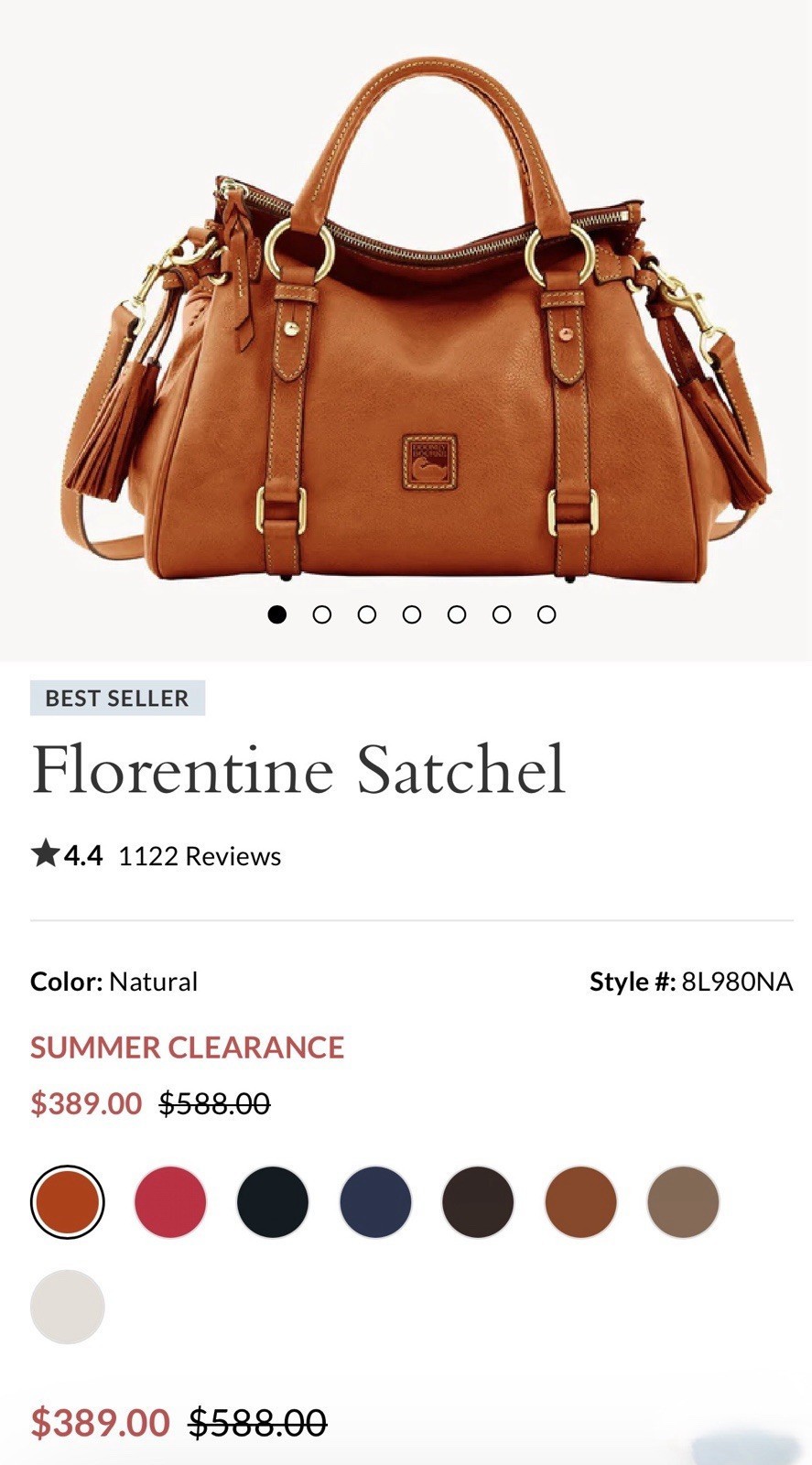 Dooney & Bourke Florentine Natural Satchel, Zip Tassel, Strap, Gold, Pockets