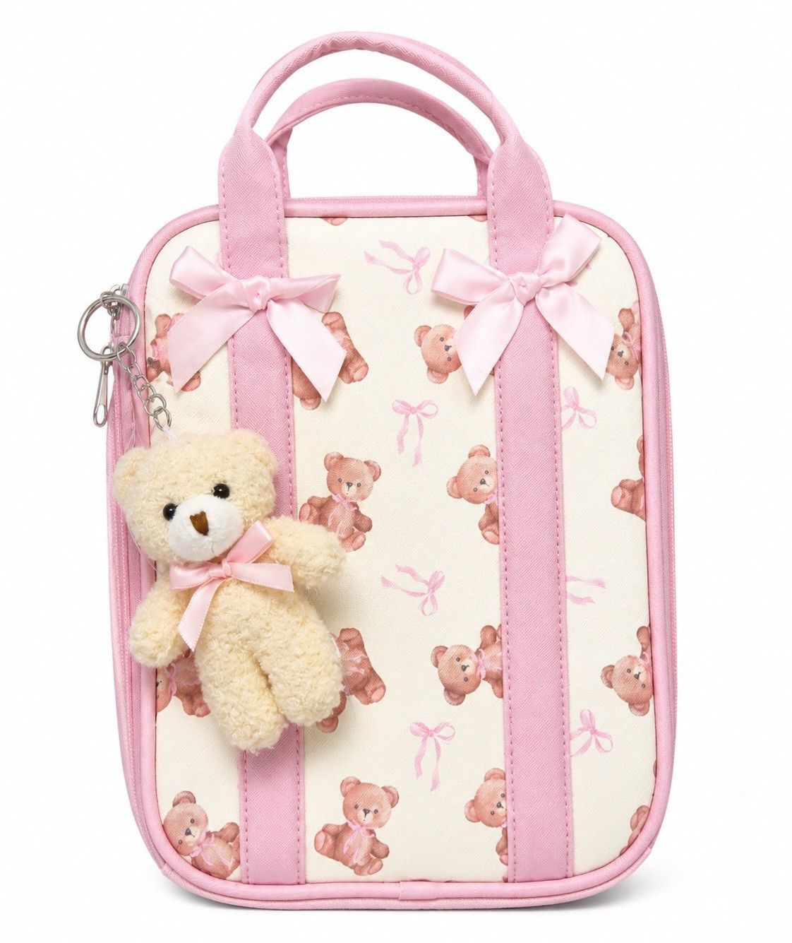 Pink/Cream Teddy Bear Print Small Crossbody Top Handle Zip, Detachable Strap
