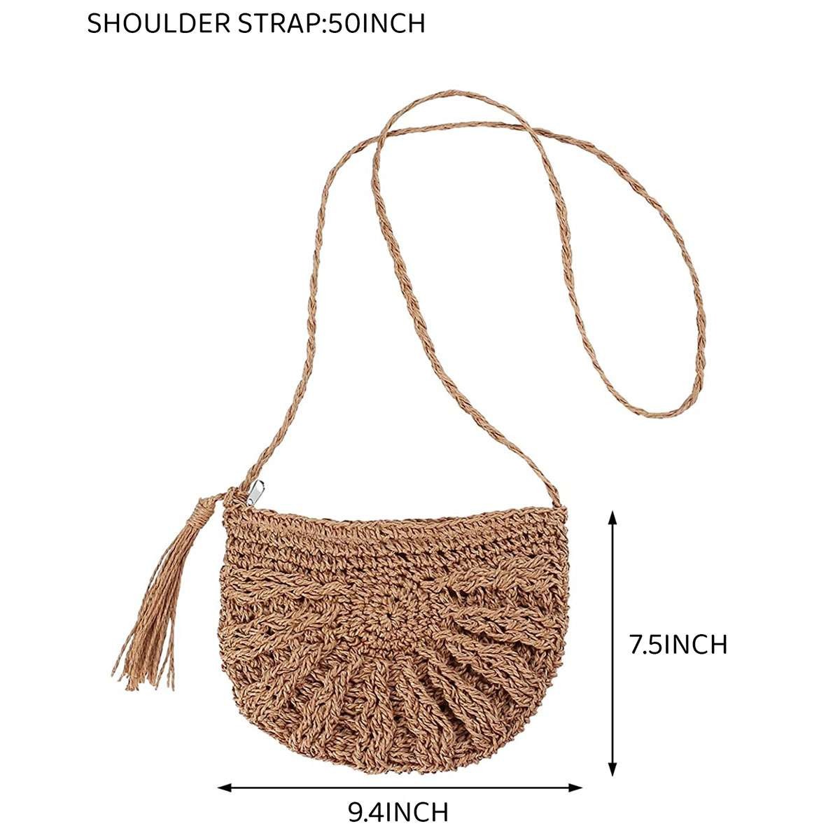 Women Woven Crossbody Straw Bag Round Rattan Shoulder Summer Beach Semicircle US