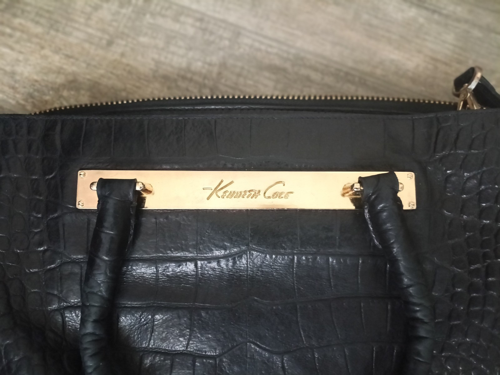 Kenneth Cole Black Croc-Embossed Satchel Top Handle, Zip, Detachable Strap