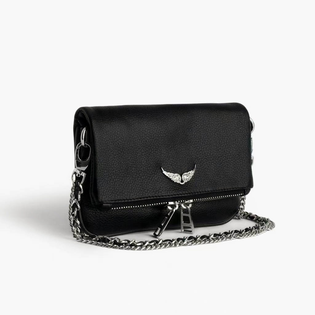 Zadig & Voltaire Rock Wing Black Silver Pebbled Leather Shoulder Bag 21×13×3cm
